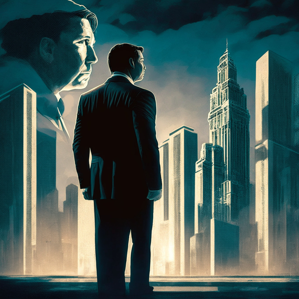 DeSantis defending Bitcoin, chiaroscuro lighting, neoclassical style, contrast between digital currencies and traditional financial systems, determined mood, encroaching shadows of regulation, lone figure standing firm, opposing forces of CBDCs and crypto freedom, futuristic city backdrop, alluding to ongoing contention within the United States.