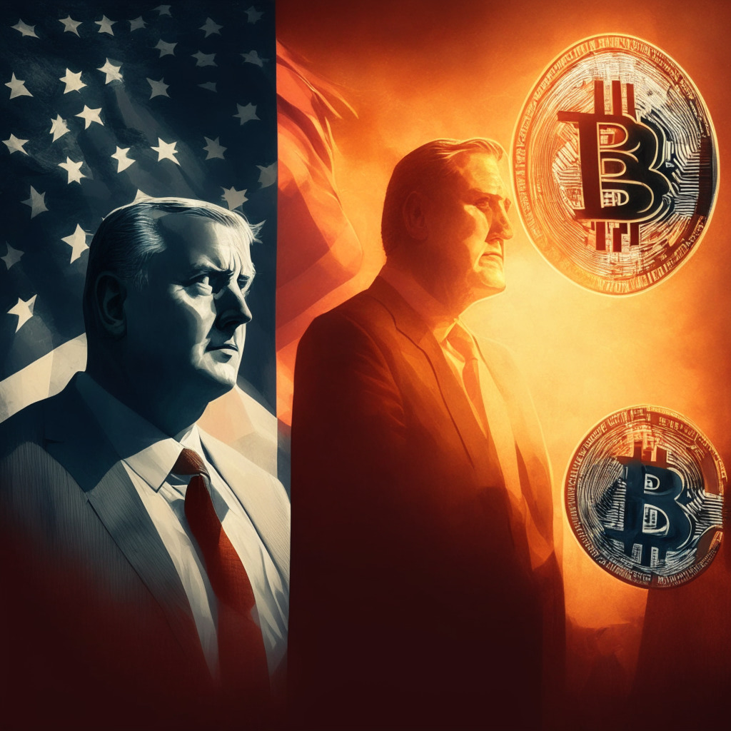 Republican leader championing crypto, dramatic contrast between administration and cryptocurrency supporters, sunlight vs shadows, modern vs traditional financial systems, civil liberties theme, tense atmosphere, sceptic about central bank digital currencies, polarized political backdrop, hint of hope for change.