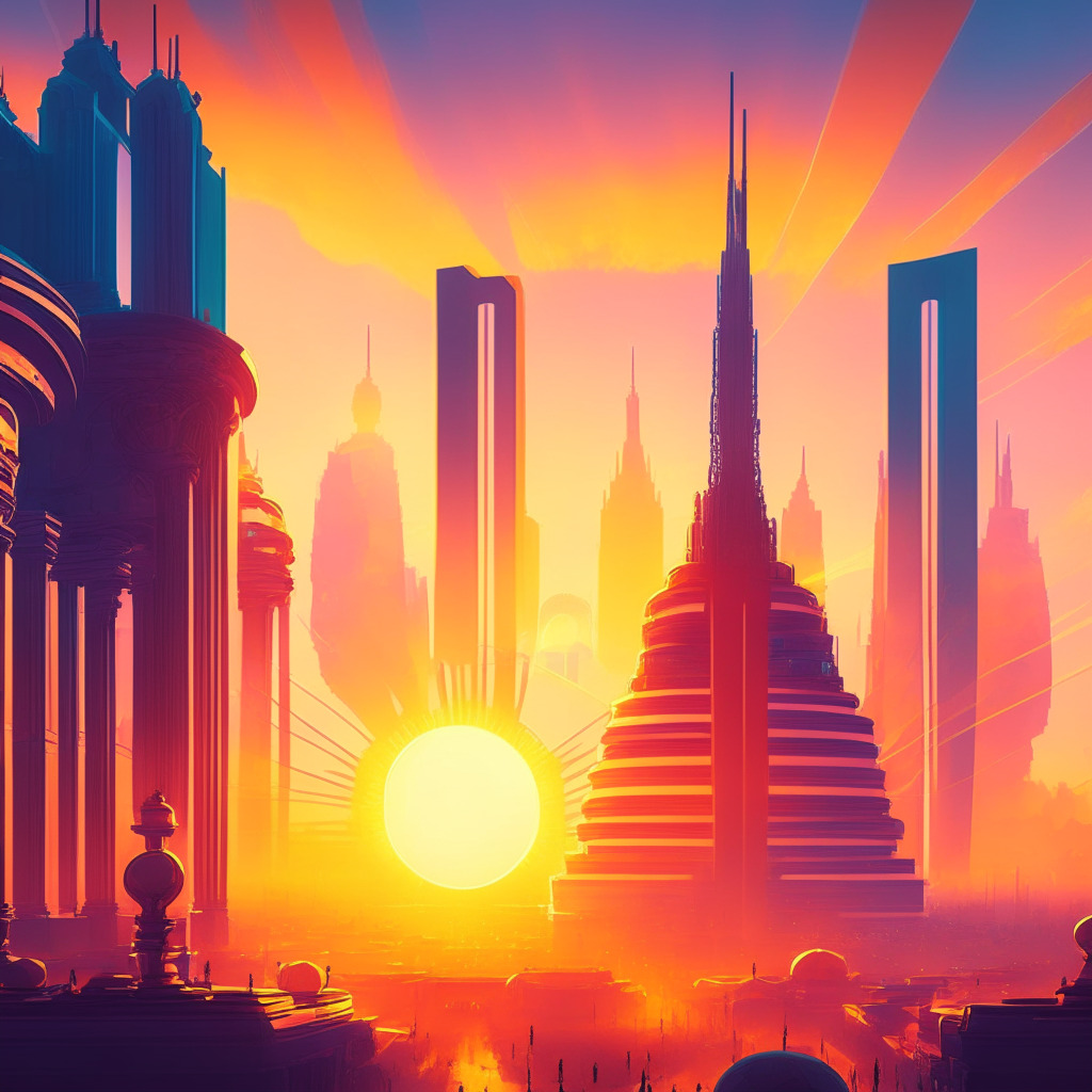 Sunrise over digital city, vibrant mix of futuristic & classical architecture, DeSantis waving amidst crypto enthusiasts, city bustling with blockchain innovation, warm and inviting color palette, empowering freedom & autonomy, spotlight on economic sovereignty, contrasting government regulation shadows, hopeful mood.