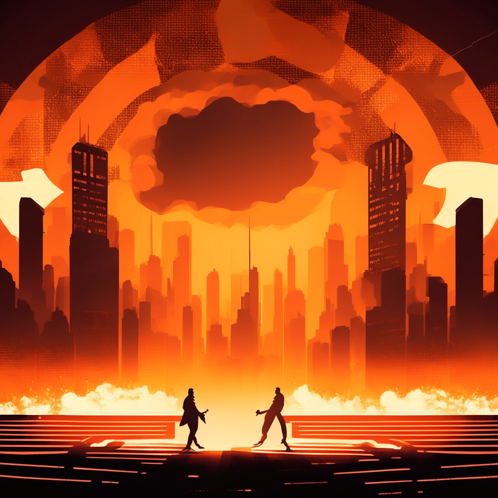 Futuristic political debate stage, intense spotlight, warm amber hues, faint silhouettes of DeSantis and Trump, foggy city skyline backdrop, blockchain network overlay, Bitcoin symbol triumphing over CBDC, atmosphere of suspense and determination, semi-abstract street art style.