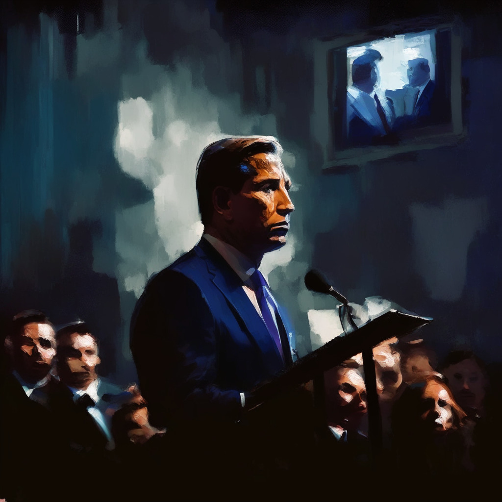 DeSantis announcement in Twitter Spaces, glitchy audio, disappointed audience, Biden's mocking tweet, technology's role in politics, moody atmosphere, chiaroscuro lighting, expressive brushstrokes, somber hues, digital impressionist style, hint of uncertainty looming over a political race.