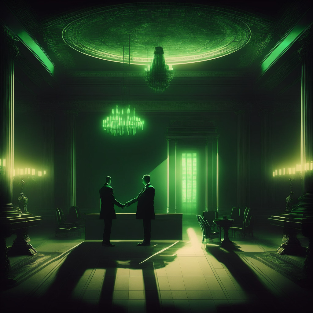 Intricate government chamber, President and House Speaker shaking hands, subtle green hues, crypto mining equipment in background, glowing soft light, chiaroscuro style, serene atmosphere, two sides of debate: eco-friendly vs financial progress, sustainable future hinted in distance.