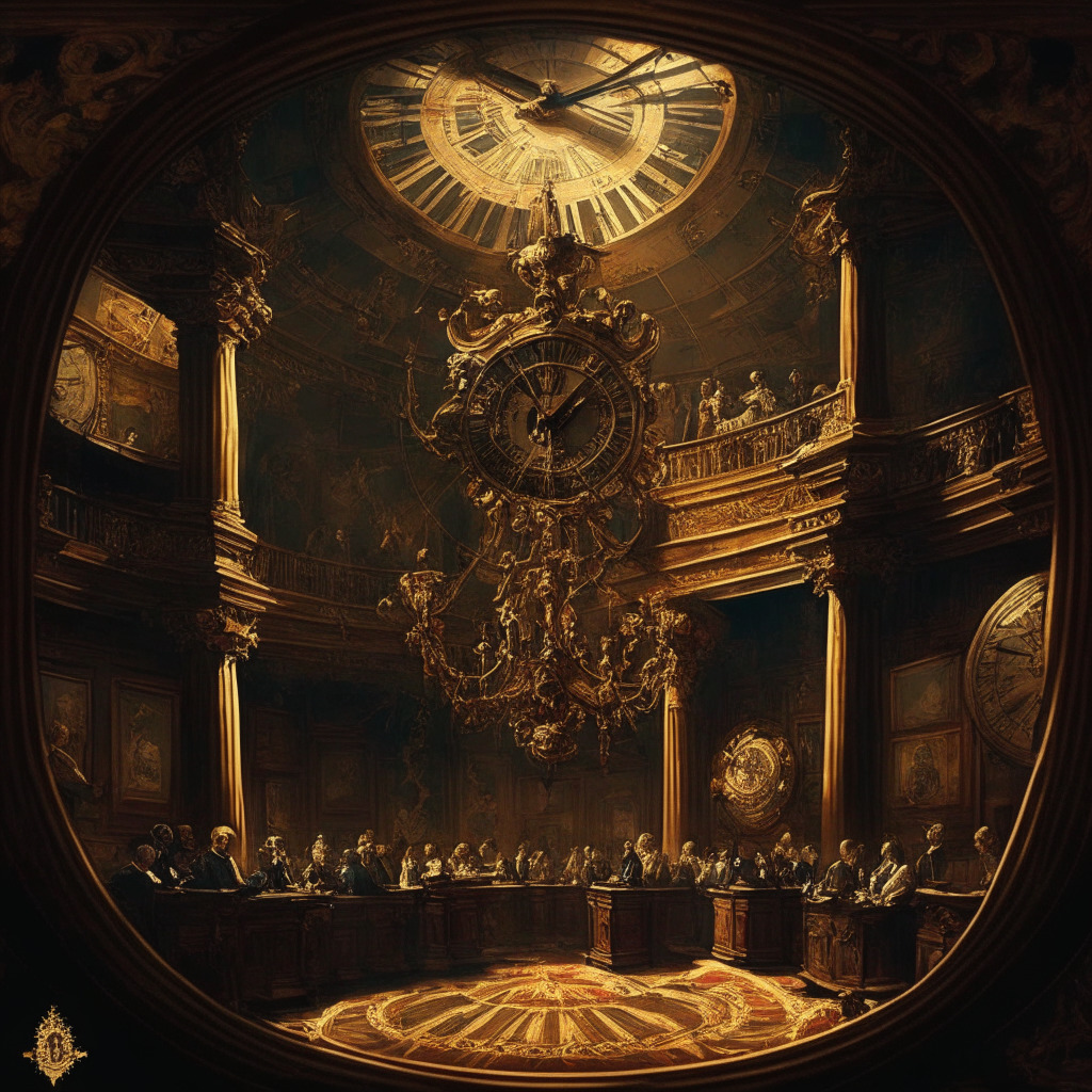Intricate congressional chamber, diverse politicians engaged in animated discussions, striking balance between light & shadows, rich hues of gold & earth tones, Baroque-inspired art style, a tense atmosphere signaling urgency, time running out on an antique clock, unseen unity emerging from discord.