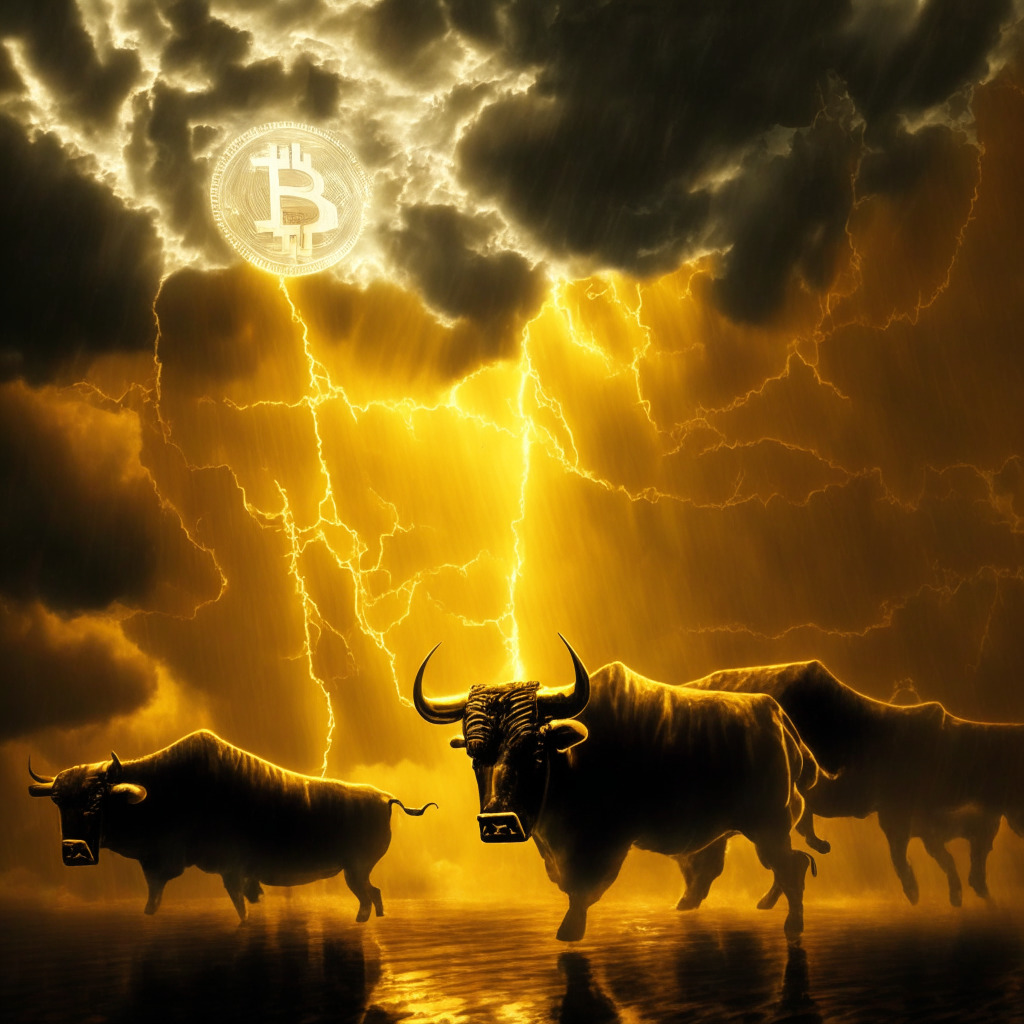 Debt ceiling crisis, Bitcoin's potential, market uncertainty, US government default, golden light shining through stormy skies, blurry artistic style, subtle impressionist mood, crypto and stock market images intertwined, strong contrast between light and dark, bulls and bears, focus on Bitcoin and Ether, gold and US Treasuries in the background.
