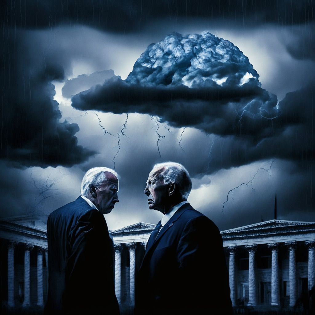 Debt ceiling crisis negotiation, dark stormy skies, financial market turbulence, worried politicians, crypto influence, prominent figures (Biden, Yellen, McCarthy), layer of optimism, urgent deadline countdown, hint of artistic expressionism, dramatic lighting, tense mood, interconnected global market visuals.