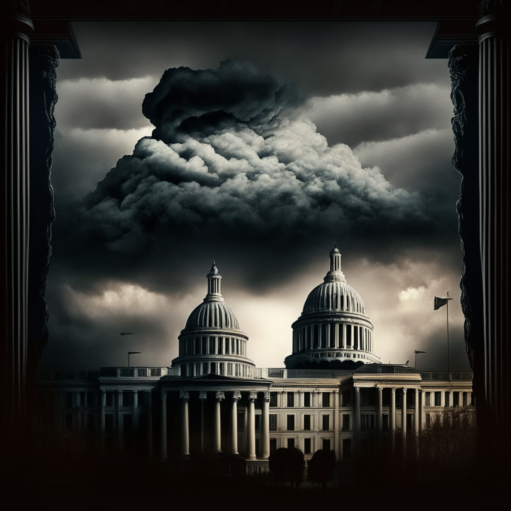 Intricate political standoff, President and House Speaker, looming debt ceiling crisis, ticking clock, US economy on edge, dark clouds over Capitol, intense light highlighting tension, Baroque style, chiaroscuro lighting, somber mood, urgency and uncertainty in the characters' faces, no brands involved.