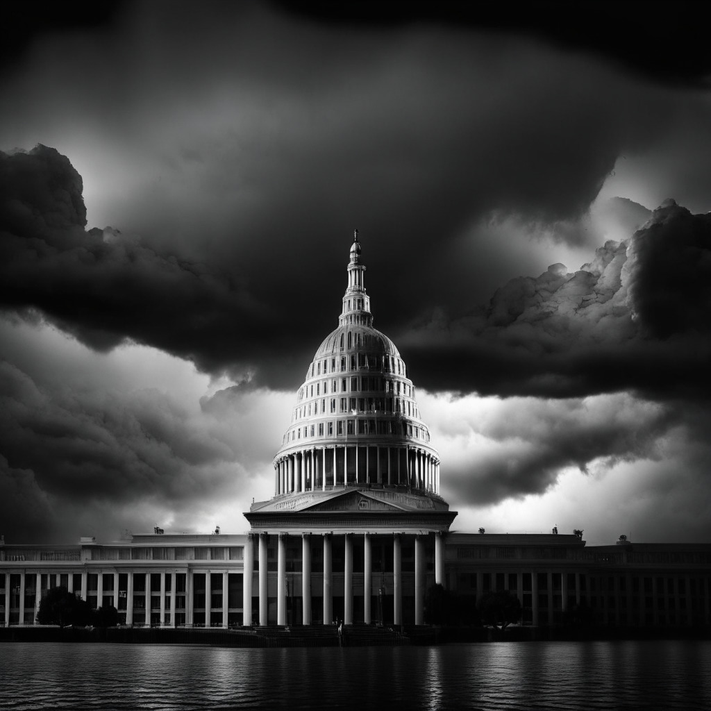 Dramatic clouds over US Capitol building, uncertainty in crypto market, spotlight on a tense negotiation table, grayscale color scheme, somber atmosphere, chiaroscuro lighting, nervous investors watching closely. Mood: anticipation, risk, urgency. No brands or logos in the image.