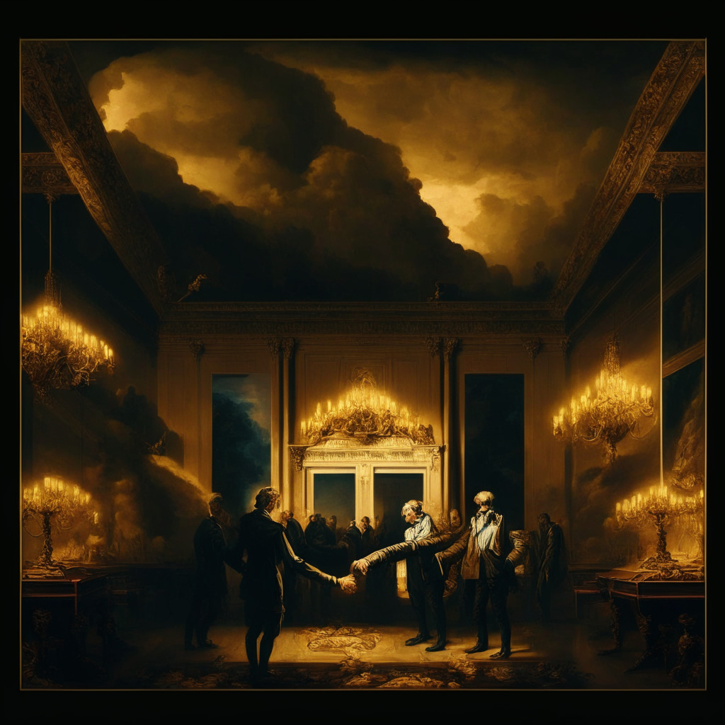 Intricate government chamber, dimly lit room, intense negotiation scene, President and House Representative shaking hands, split image: (1) Crypto miner rejoice, (2) Environmentalists concerned, warm and cool color contrast, Baroque-style painting, dramatic mood, hint of tension, stormy clouds above.