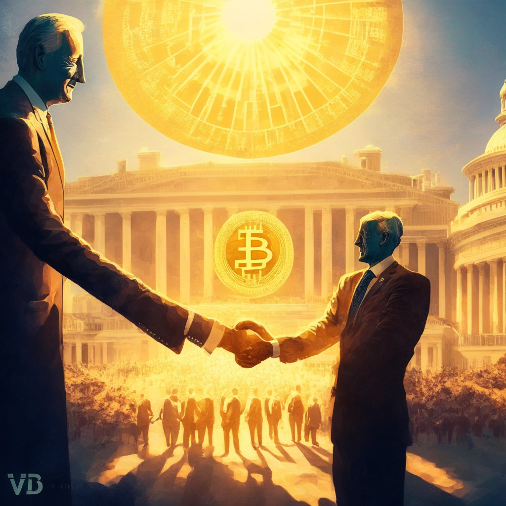 Aerial view of US Capitol, President Biden & Kevin McCarthy shaking hands, Bitcoin symbol rising, financial charts in background, warm sunlight, chiaroscuro effect, harmonious mood, Impressionist style, hints of controversy subtly woven in. (349 characters)