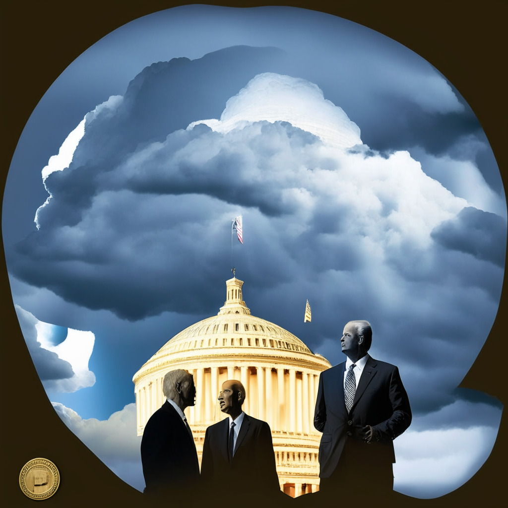 Debt ceiling deal negotiations, tumultuous financial market, ominous clouds, US Capitol building, President Biden and Kevin McCarthy in tense discussion, contrasting light and shadows, crypto coins subtly illuminated, uncertain mood, Personal Consumption Expenditures (PCE) Price Index chart, hints of emerging optimism.