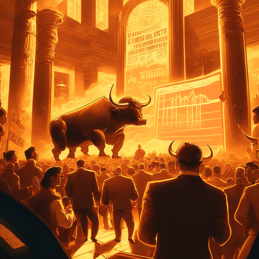 Intricate stock market scene, warm golden light, Art Deco style, relief rally vibes, U.S. equities soaring, Bitcoin & altcoins displayed, bulls vs. bears fight, $25,000 support battleground, sophisticated investors studying market shifts, caution & anticipation, hopeful yet unpredictable atmosphere.