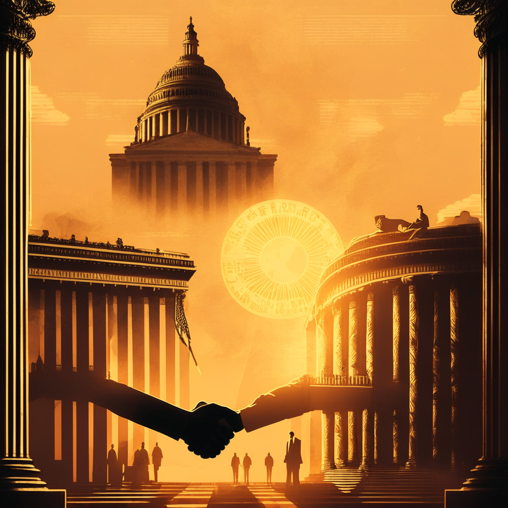 Intricate government building, President and Republican leader shaking hands, debt ceiling text hovering above, U.S. dollar and Bitcoin symbols in balance, sun setting in the background, hazy chiaroscuro style, tense and uncertain mood, warm and cool color contrast.