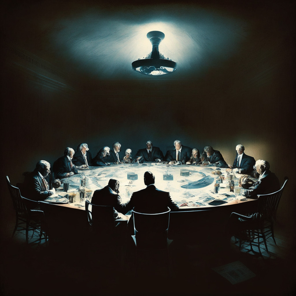 U.S. debt ceiling negotiations, Republicans and Democrats struggling to reach agreement, tension in financial and crypto markets, light casting an ominous, uncertain glow, heightened contrasts and chiaroscuro effect, a nervous atmosphere filled with anticipation, symbolic imagery of leaders negotiating around a table, stylized, abstract representation.