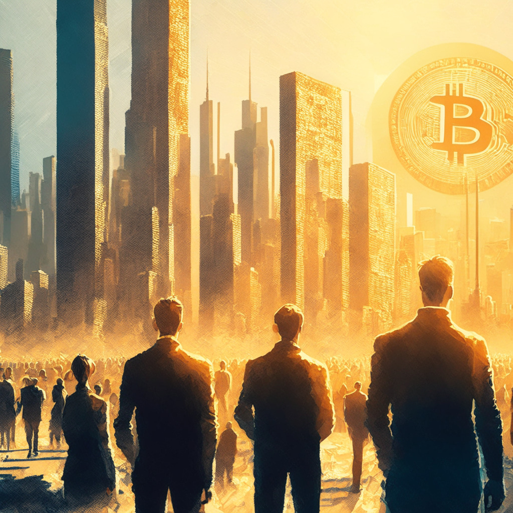 Intricate city skyline with Bitcoin and stock symbols, warm sunlight casting long shadows, contrasting optimism and uncertainty, oil-painting texture, calm yet tense atmosphere. Scene: Investors observing the horizon, digital and traditional assets coexisting, growing interest from institutions.