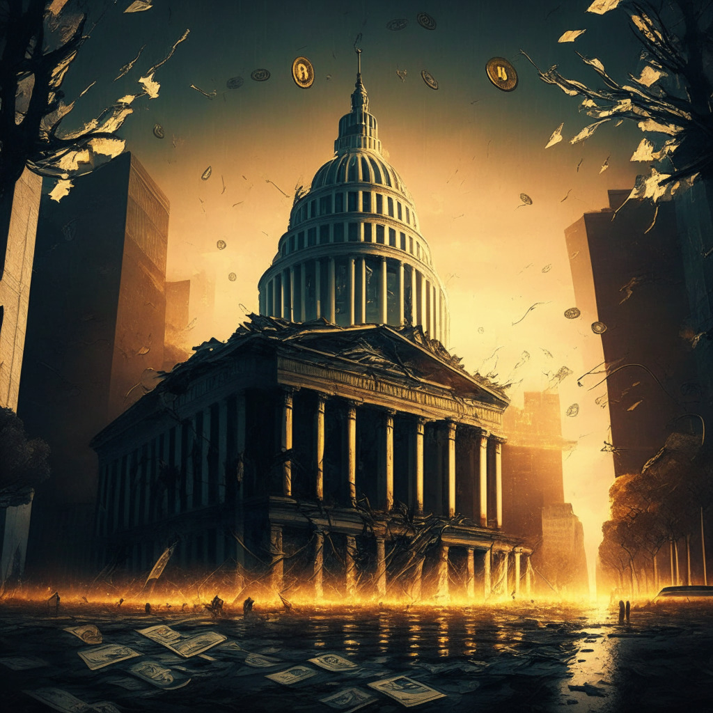 Eerie twilight-lit dystopian cityscape, prominent U.S. government building, Bitcoin logo vanishing in the background, stylized citizens in a panicked frenzy, shattered U.S. Treasury bonds as falling leaves. Mood: uncertainty & apprehension, intertwined gold & dollar signs fading away.