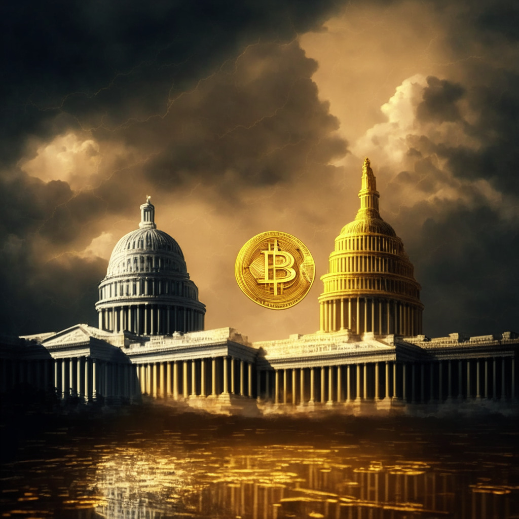 Intricate negotiation scene, golden Bitcoin dominating foreground, U.S. Capitol building backdrop, ether coin shadowing Bitcoin, murky clouds looming, chiaroscuro lighting, uncertain mood, impressionistic style, tech stocks soaring (no logos), subtle economic growth chart, faint NFT lending elements.