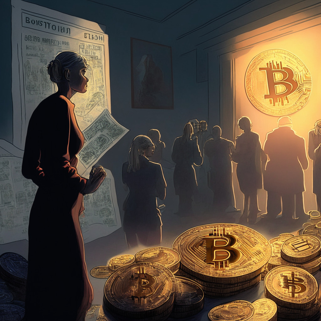 Cryptocurrency market amid debt ceiling negotiations, Janet Yellen's concerns, Bitcoin hovering below $27,000, Ethereum's slight dip, moody evening light with shadows, artistic representation of economic uncertainty, people seeking wealth protection through alternative assets, potential impact on traditional and digital finances, subtle blend of optimism and caution in the artistic style.
