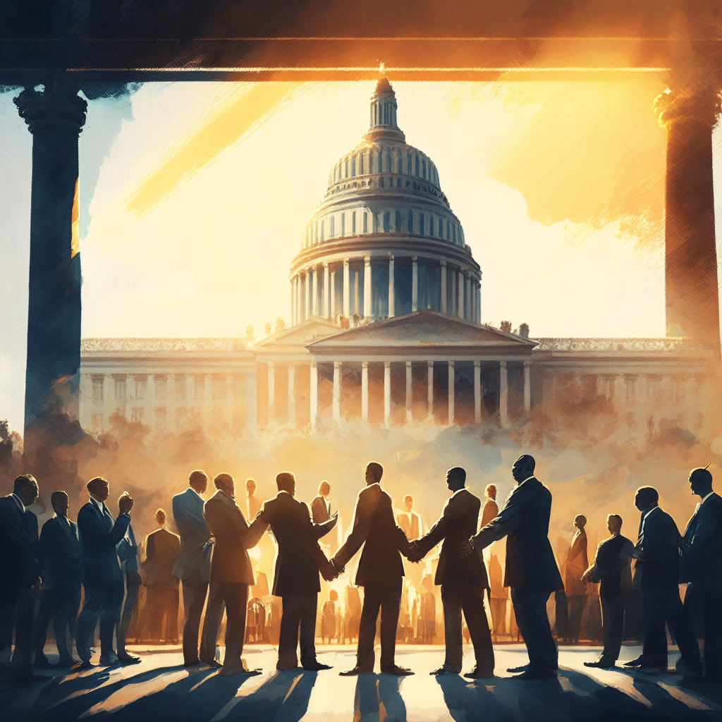 Intricate political negotiation scene, Capitol building background, diverse lawmakers shaking hands, moderate sunlight, impressionistic style, tense but hopeful atmosphere, balanced composition, cryptocurrency subtly symbolized in corner, unity amid complexity.