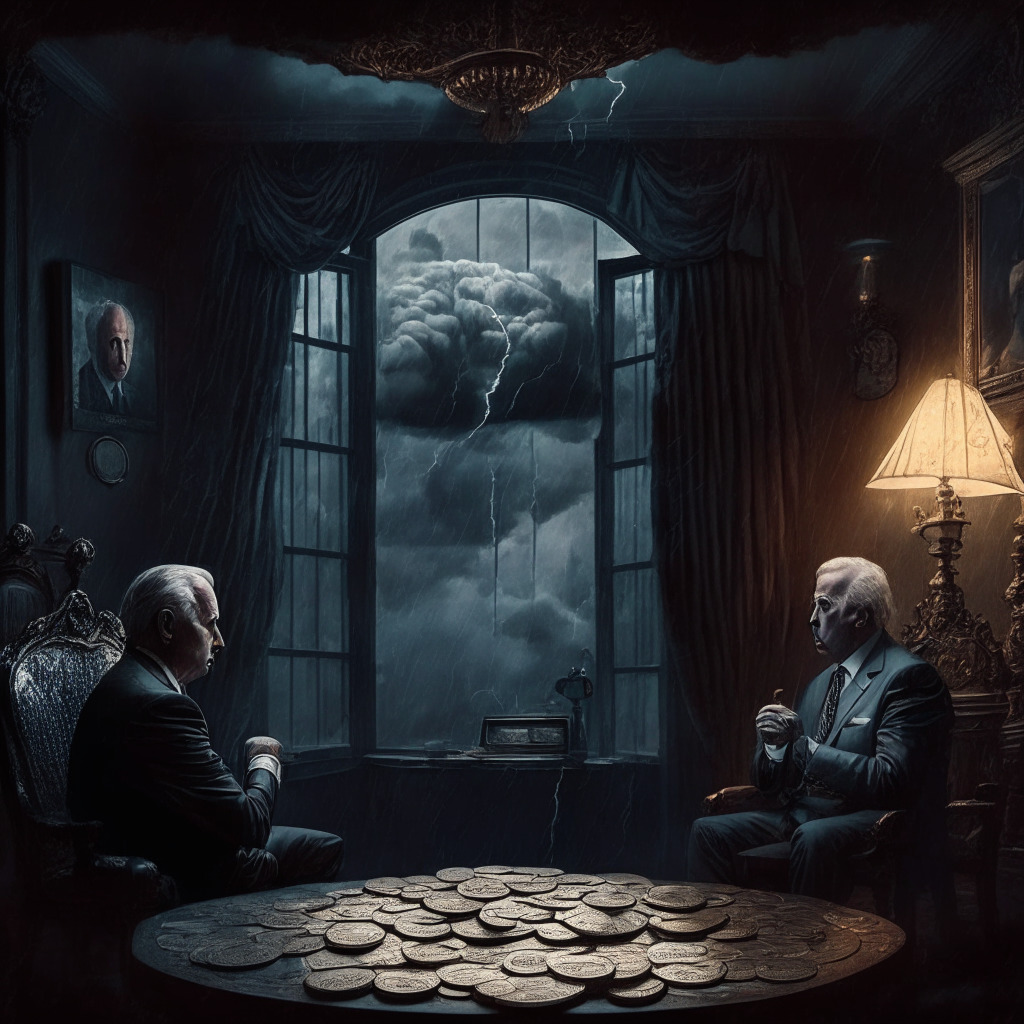 Intricate political meeting scene, Biden and McCarthy negotiating, concerned expressions, dark room with soft lighting, currency symbols and crypto coins floating, stormy clouds outside window, subtle Baroque style, moody atmosphere, air of uncertainty, juxtaposition of traditional finance and cryptocurrency.