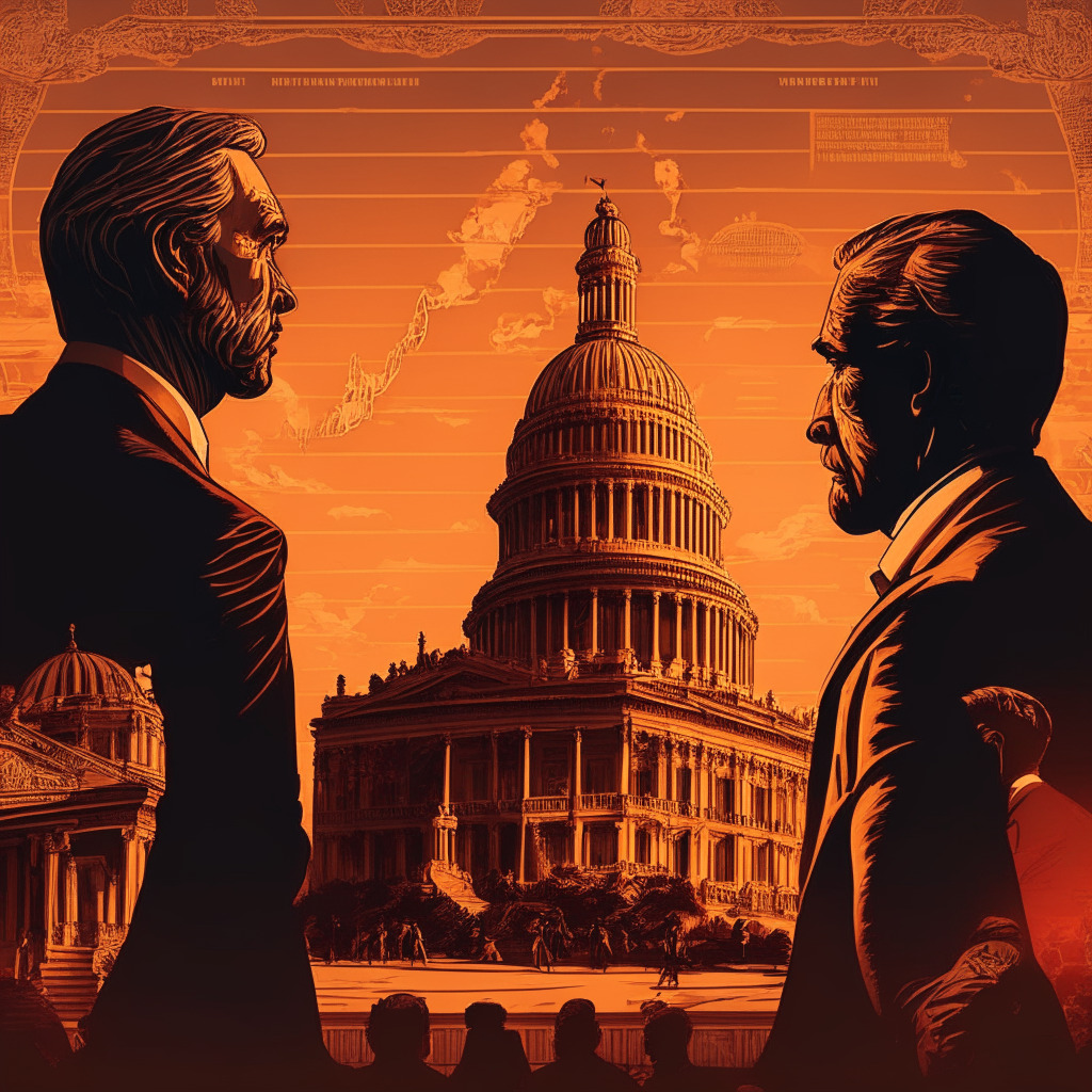 Intricate political dialogue scene, Capitol Hill backdrop, President and GOP leader negotiating, tense facial expressions, warm sunset lighting, Baroque style artwork, anxious and uncertain mood, contrasting financial charts for traditional markets & cryptocurrencies, subtle hint of opportunity.