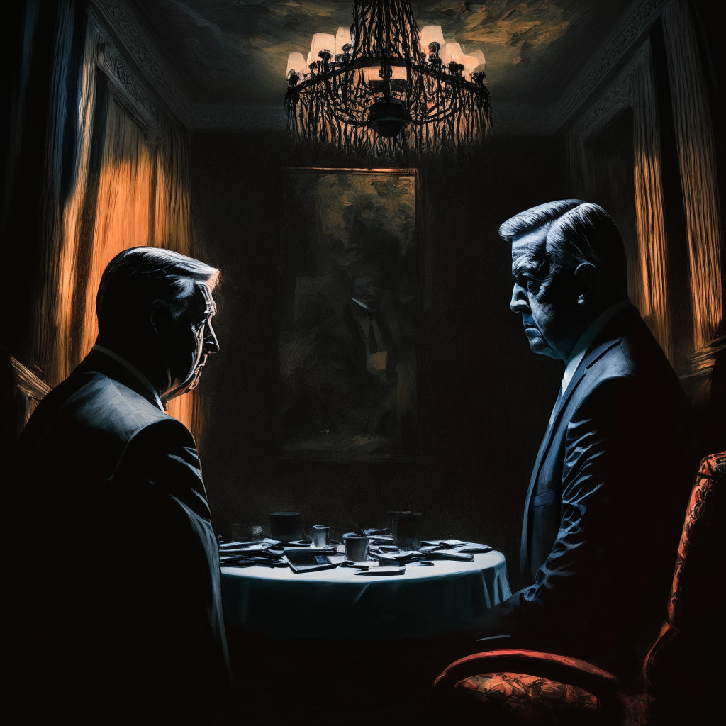 U.S. President and House Republican Speaker in tense meeting, contrasting views on debt ceiling and crypto, dramatic chiaroscuro lighting, abstract expressionist style, somber mood, financial tension palpable, global implications at stake, potential regulations looming, navigating crypto volatility, informed decisions and staying alert, seeking resolution.