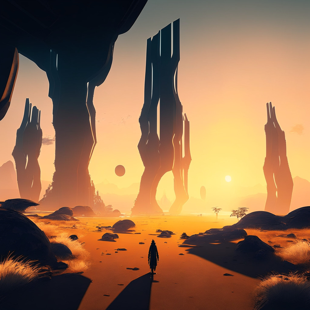 Futuristic metaverse landscape, AI-driven technology, contrasting light and shadow, hopeful sunrise, competing giants in the distance, dynamic, interconnected digital environment, sleek mixed reality headset, transcendent mood, convergence of AI and the metaverse, long shadows of determination.