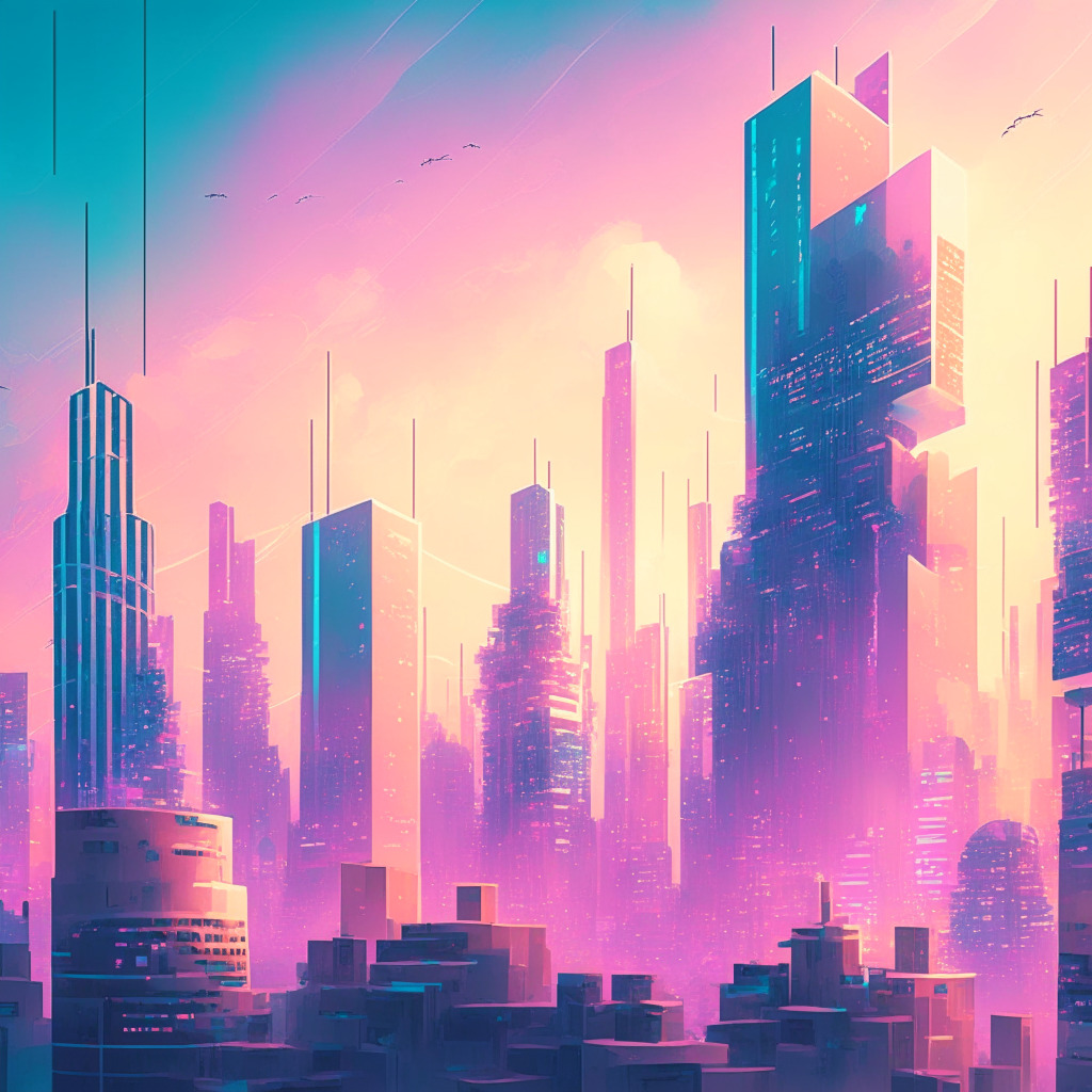 Futuristic cityscape with blockchain networks, soft pastel colors, sunrise ambience, abstract connections, harmonious and uncertain mood, digital ledgers hovering over skyscrapers, decentralized and secure, DeFi platforms, visible energy consumption, elements of cryptography, hints of environmental impact, scaling solutions in progress.