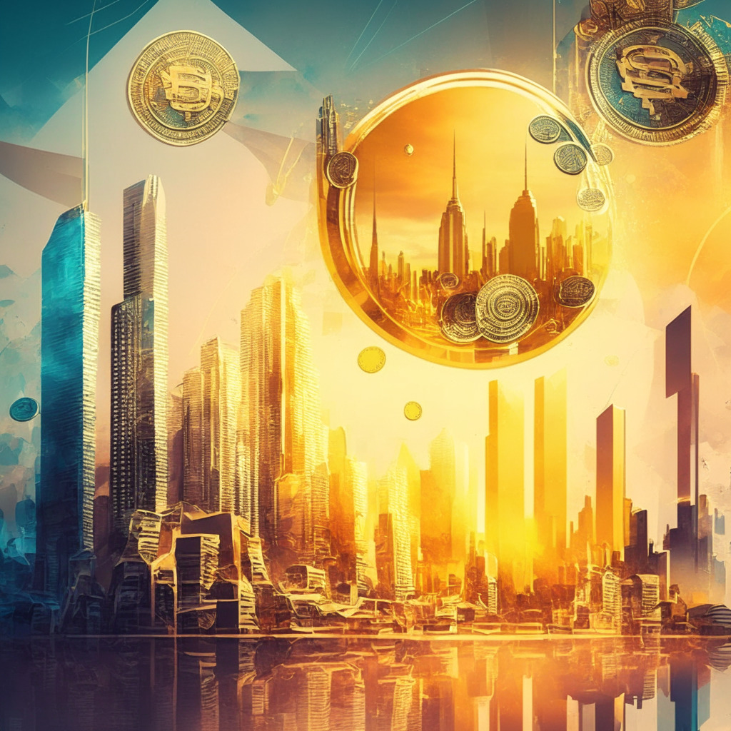 Abstract city skyline with futuristic finance, golden & silver tokens floating, digital wallets in foreground, sunset with hues of optimism & risk, contrasting balance between traditional finance & DeFi, serene atmosphere with a hint of Wild West adventurousness, artistic blend of realism & impressionism.