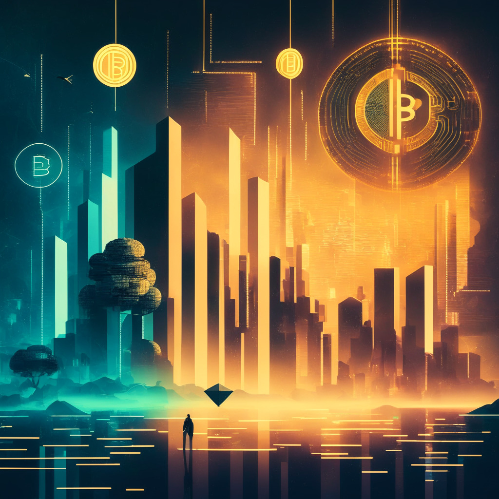 Futuristic financial landscape with blockchain technology, warm ethereal glow, intertwining currencies of Bitcoin and Ethereum, sense of duality highlighting benefits and risks, silhouette of traditional vs decentralized systems, muted palette with subtle contrast, underlying uncertainty and optimism.