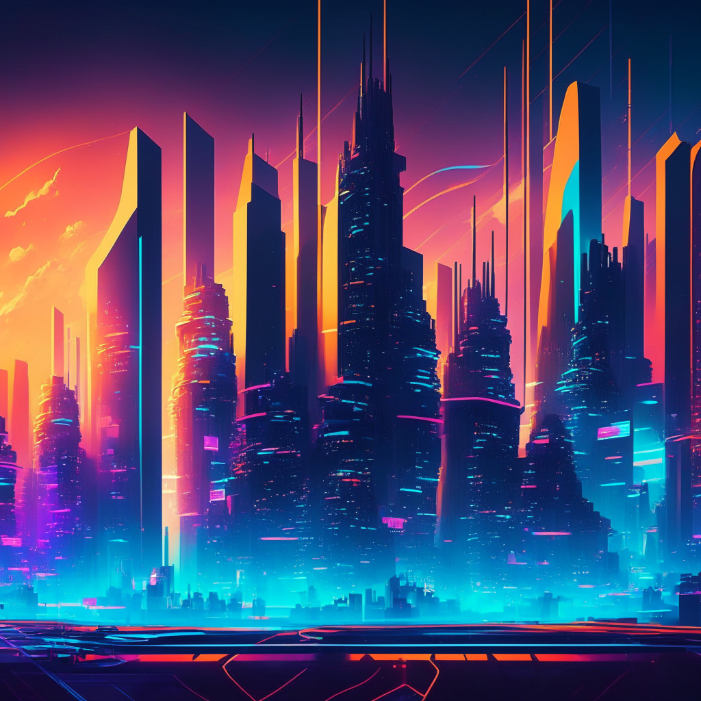 Futuristic city with decentralized tech, blockchain dominating skyline, contrasting lights & shadows, vibrant color palette, dynamic composition, energized atmosphere, optimism & skepticism interwoven, blending traditional & innovative finance, secure & transparent data exchange, hints of challenges & potential solutions.