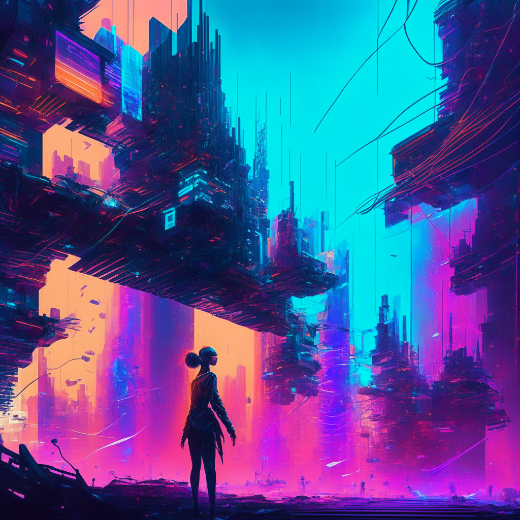 Futuristic digital landscape, decentralized web nodes, vibrant colors, dynamic connections, ethereal city backdrop, holographic verified credentials, empowering user figures, soft light setting, cyberpunk artistic style, sense of innovation, contrasting moods of excitement and caution, secure vs precarious balance.