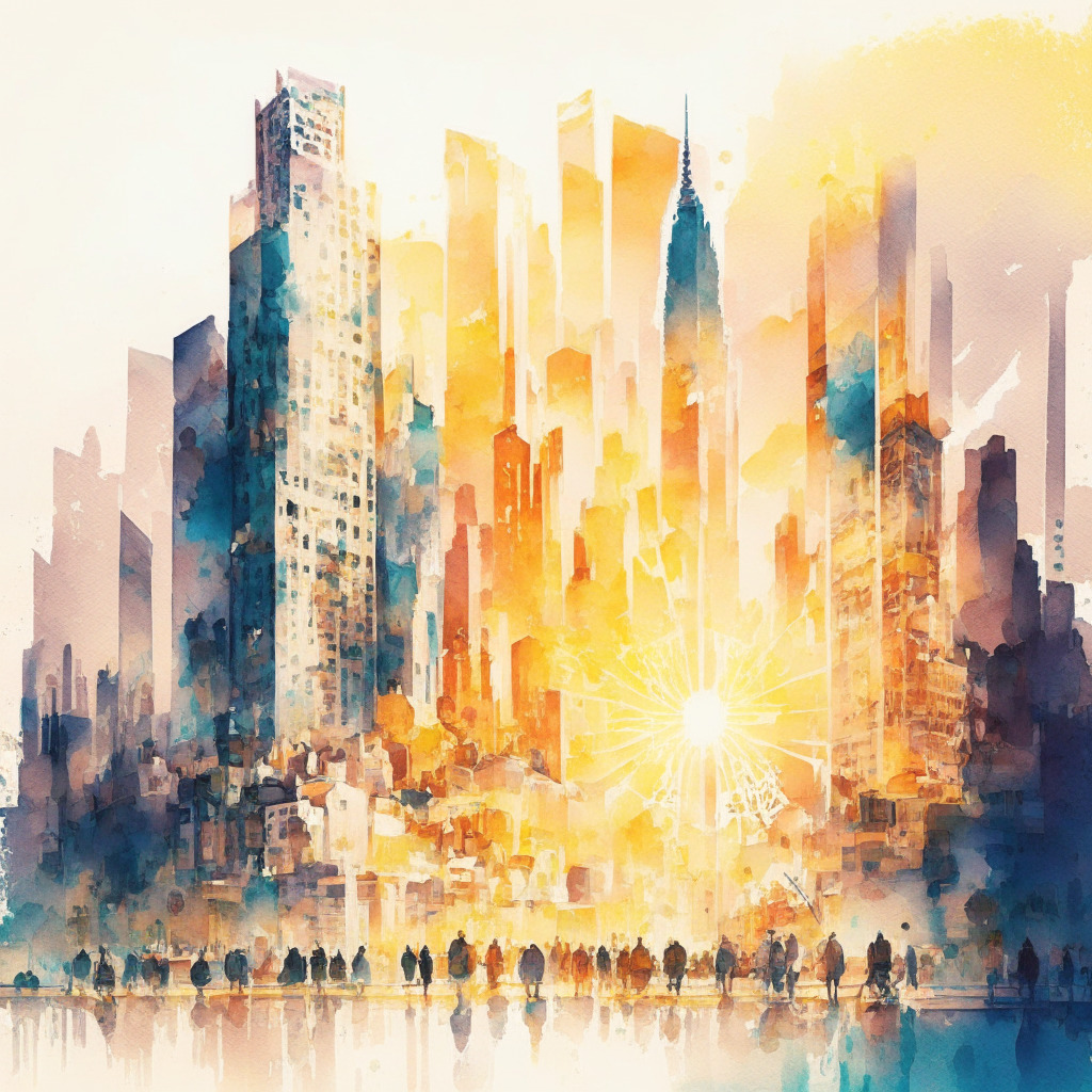 Intricate cityscape painted in watercolor, decentralized aid distribution using blockchain technology, warm sunlight reflecting on skyscrapers, diverse group of citizens working together, organic and textured style, mood of optimism and innovation, empowering the vulnerable, no red tape, fast and efficient help.