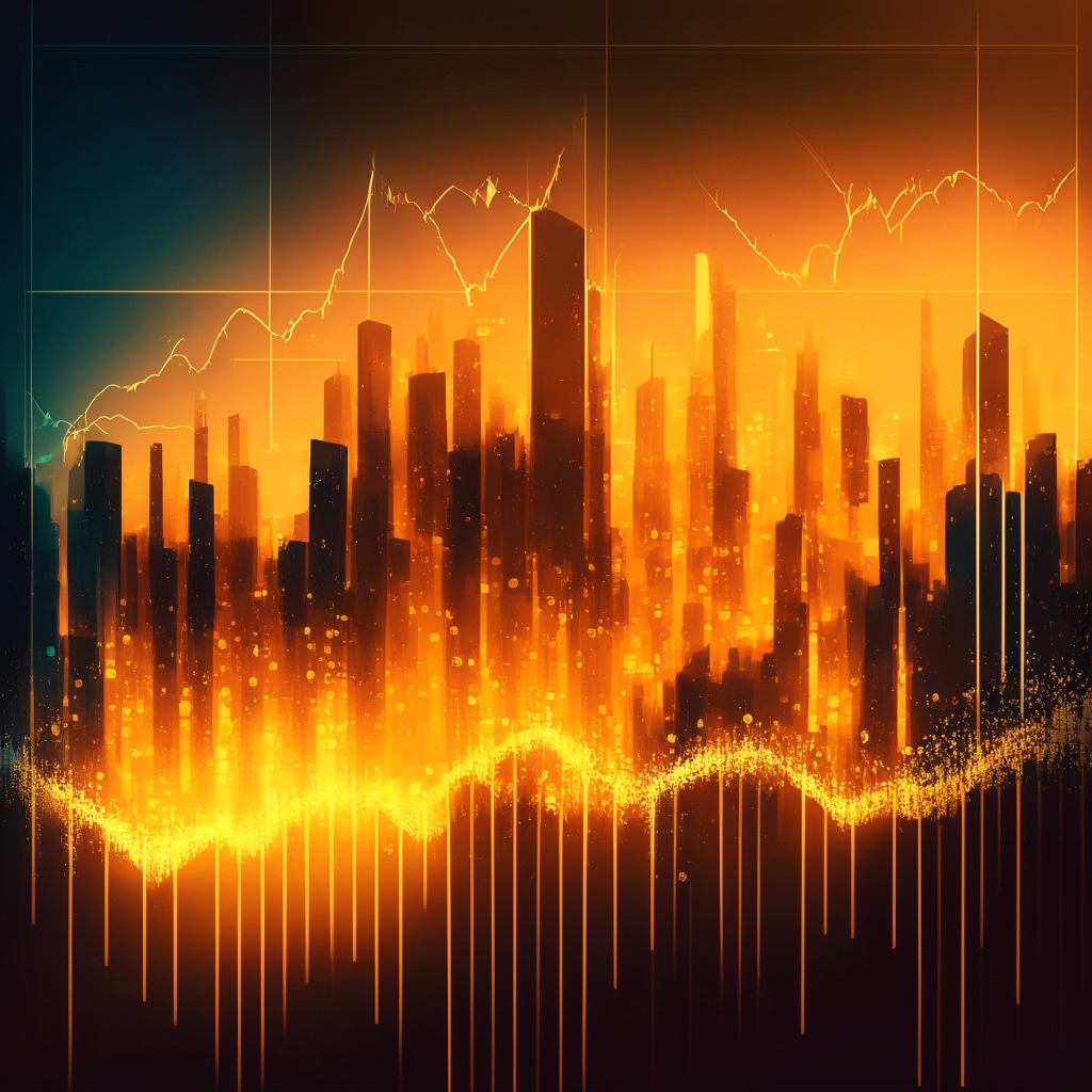 Crypto market shift, online trading platform, evening city skyline, fluctuating bar charts, warm golden lights, oil painting style, contrast in crypto and overall revenue trends, sense of curiosity, uncertainty and optimism, digital asset market repositioning.