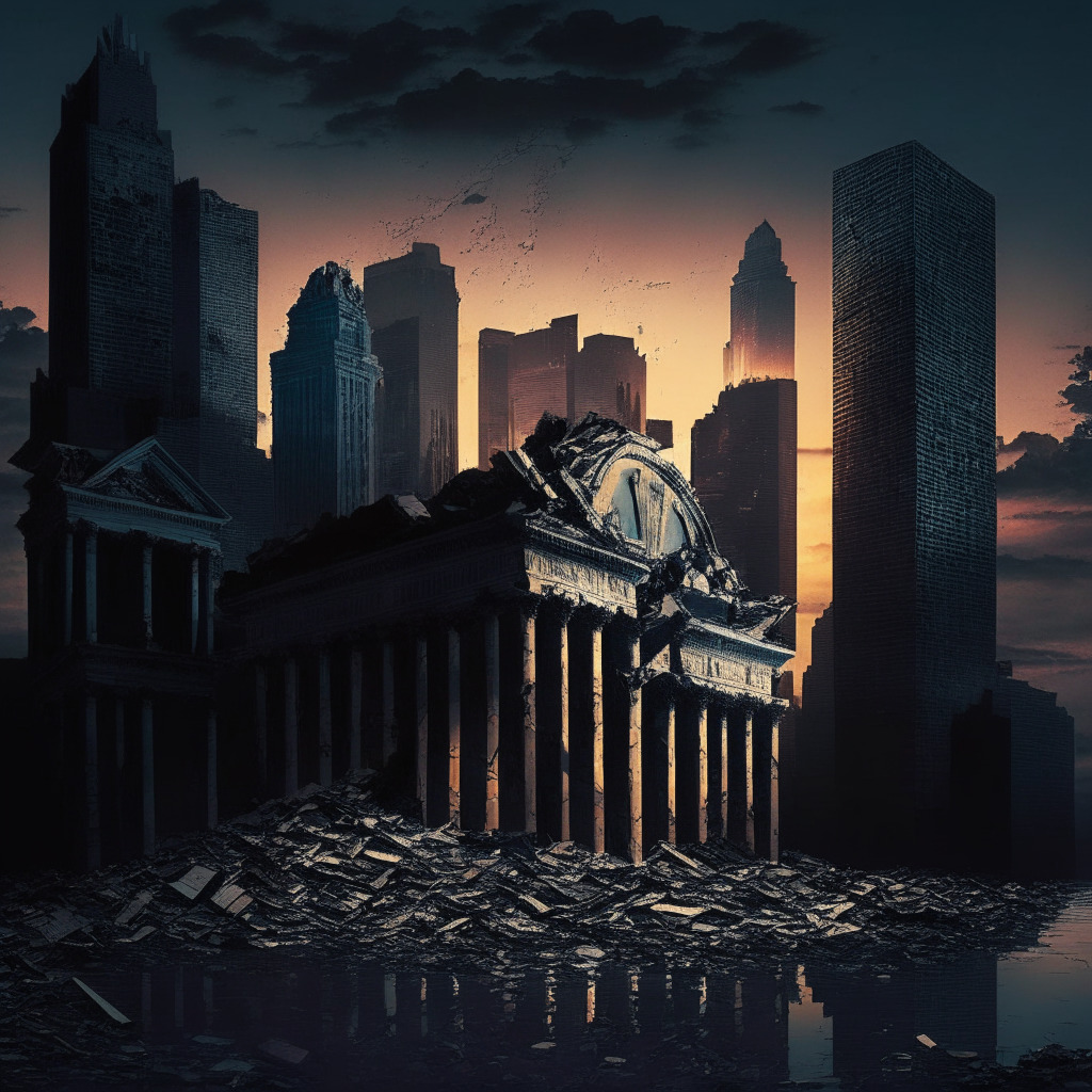 Twilight skyline over financial district, crumbling banks, crypto coins rising like phoenix, Baroque style, chiaroscuro lighting, somber yet hopeful mood. Anxiety from 2008 financial crisis, expert opinions, vulnerable banks, comparison of crypto alternative, reinforce transparency and security.