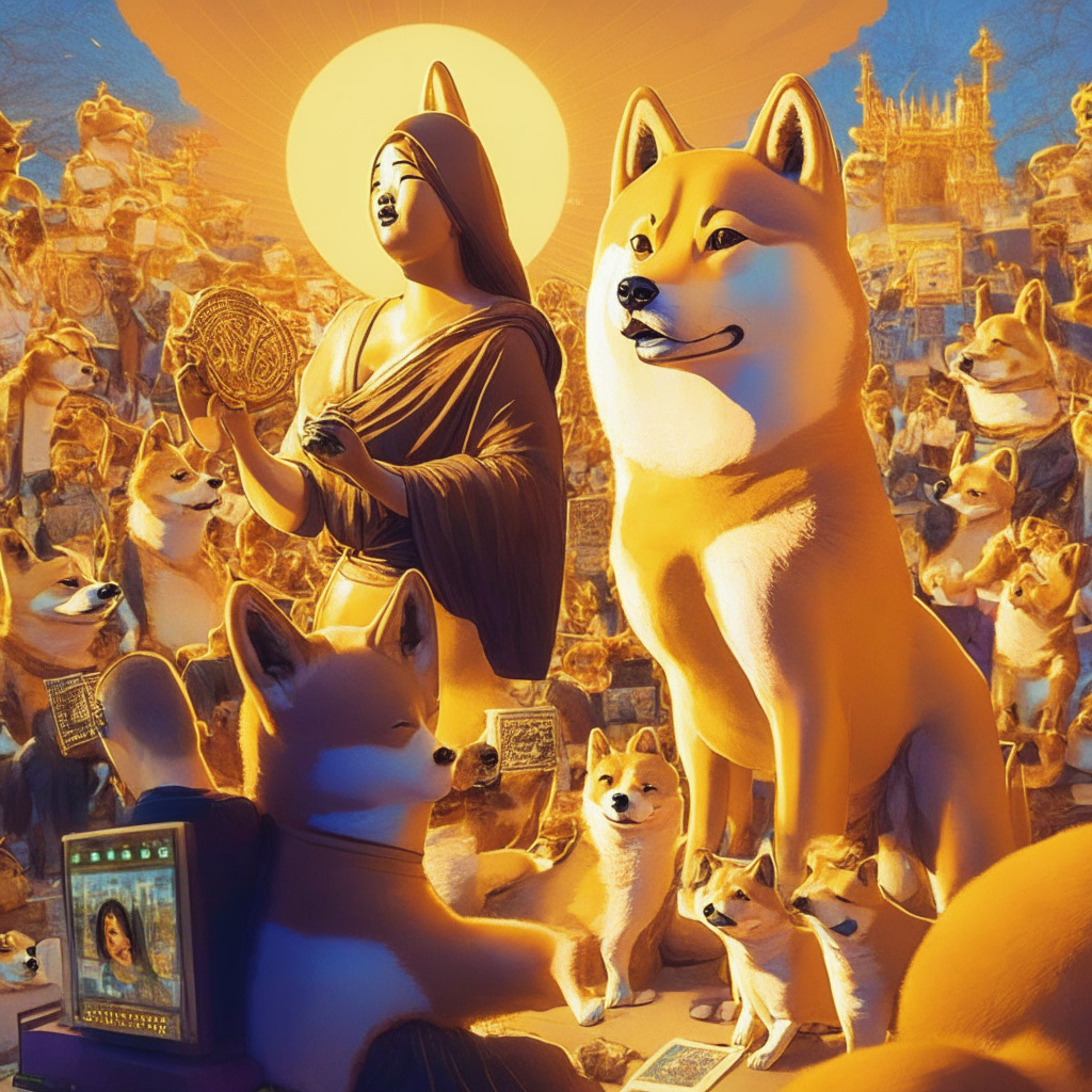 A captivating scene featuring Kabosu, the Shiba Inu of Doge fame, surrounded by vibrant internet memes, a bronze statue in her honor, warm golden light setting highlighting the lively community, whimsical artistic style reminiscent of a digital Mona Lisa, capturing the essence of an inspiring documentary exploring Dogecoin's origins, impact, and potential for global change through acts of kindness.