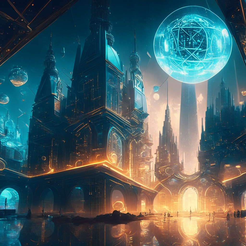 Gleaming futuristic cityscape, interconnected nodes symbolizing blockchain, floating holograms of crypto-currencies, contrast between old and modern markets, Baroque art-inspired elements, chiaroscuro lighting, captivating innovation, optimistic atmosphere, merging past and present.