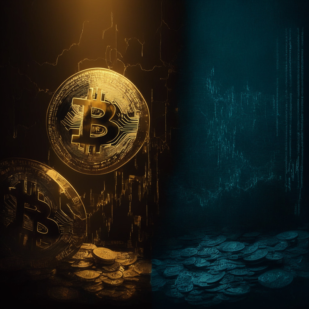 Cryptocurrency market shift, Bitcoin & Ether price decoupling, Proof of Work vs Proof of Stake, artistic juxtaposition, low-key cinematic lighting, somber mood, contrasting colors, digital gold and emerging market, subtle hint of traditional financial influence, focus on the evolving relationship, metamorphosis symbolism.