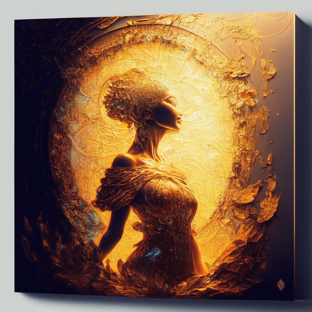 Intricate NFT art canvas, diverse artists breaking barriers, empowering creators, radiant colors, transparency, dynamic blockchain background, warm golden glow, modern digital renaissance, uplifting atmosphere, harmonious balance between traditional and digital art.