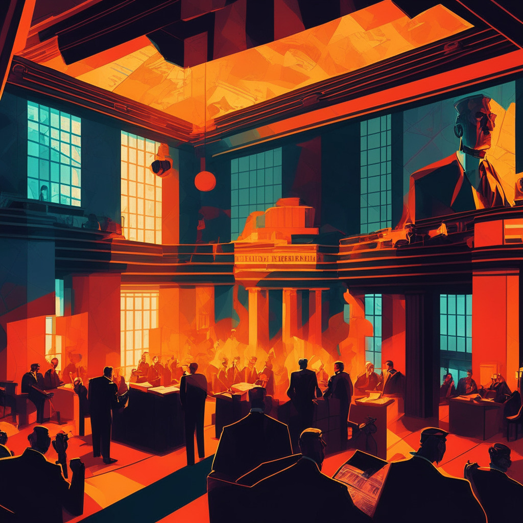 Intricate government building interior, Democrats and Republicans in a heated debate, contrasting colors symbolizing power struggle between CFTC and SEC, low-lit room with spotlights on key figures, cubist-inspired art style, tense atmosphere, looming uncertainty, hints of cryptocurrency elements.