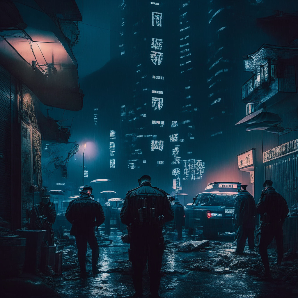 Mysterious police detainment, offshore yuan & HK dollar stablecoins, contrasting regulatory stances, tension between centralized financial oversight & decentralized crypto, digital currencies coexisting within varying structures, evolving financial sector, concern for blockchain & cryptocurrency advocates, moody atmosphere, dimly lit scene.