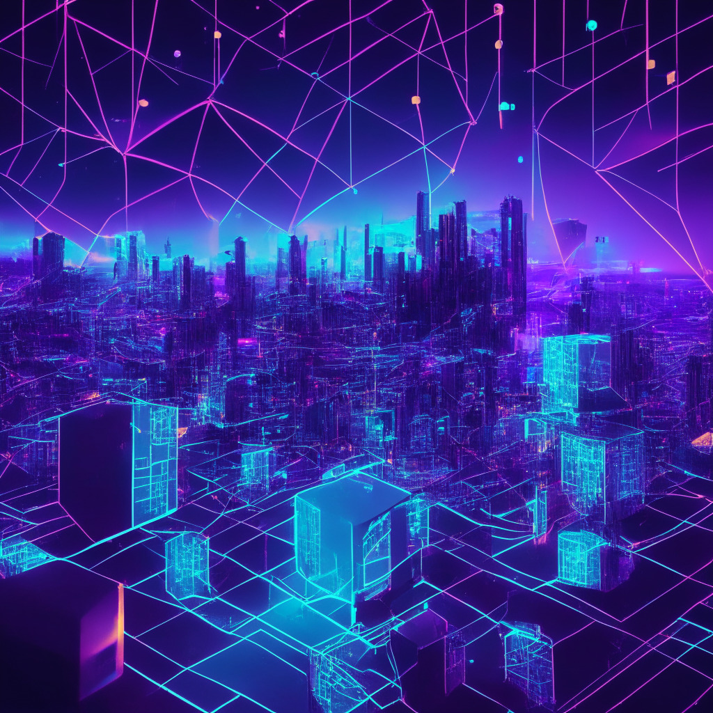 Ethereum scaling solution, Polygon network, Deutsche Telekom as a validator, providing staking services, unlocking blockchain potential, decentralization, concerns over network security, large-scale investor interest, innovation and growth, maintaining fairness in decentralized technology, dimly lit futuristic cityscape, cool color palette, cyberpunk aesthetic, dynamic angle, slightly dappled lighting.