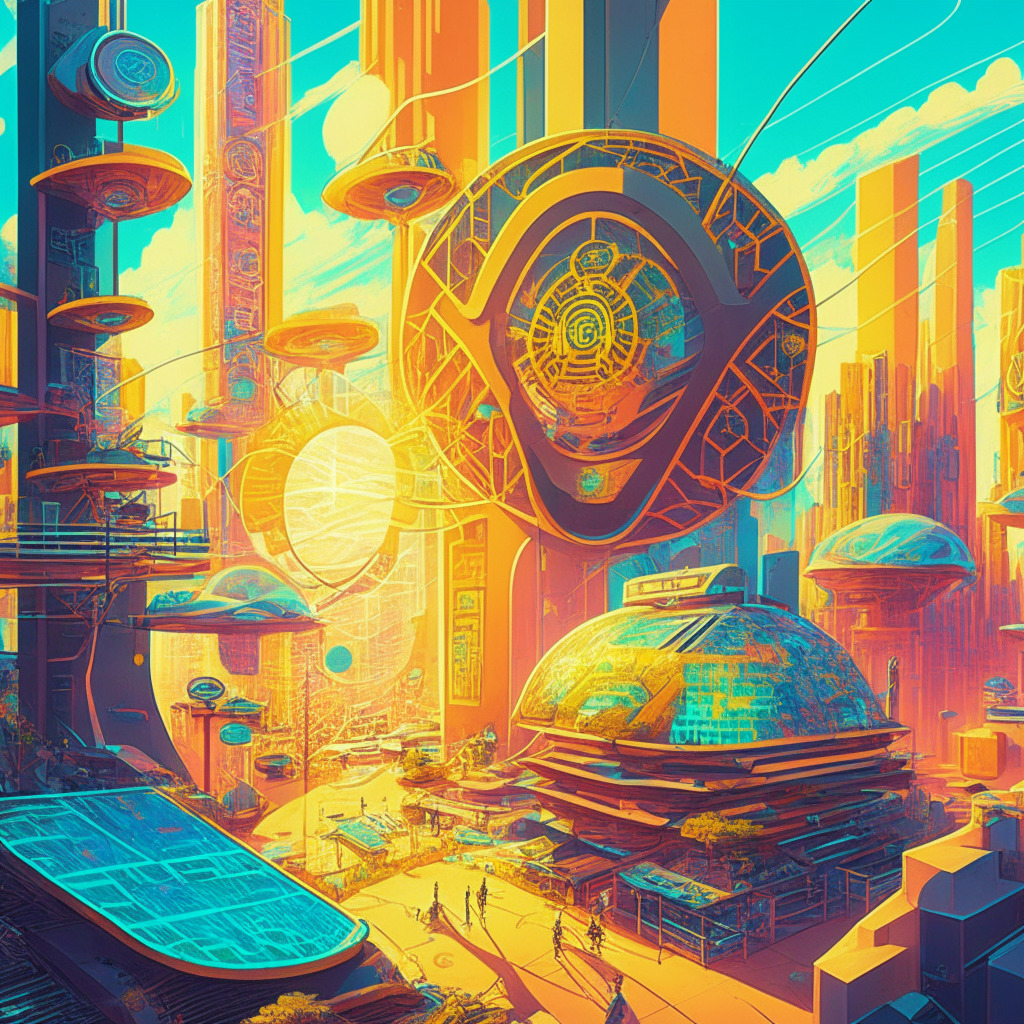 Intricate blockchain cityscape with renewable energy sources, NFT art gallery, diverse crypto coins and tokens, gamers, collectors, and DeFi enthusiasts interacting, vivid colors, crypto marketplace, warm sunlight filtering through futuristic architecture, eco-friendly signage, optimistic and energizing atmosphere.