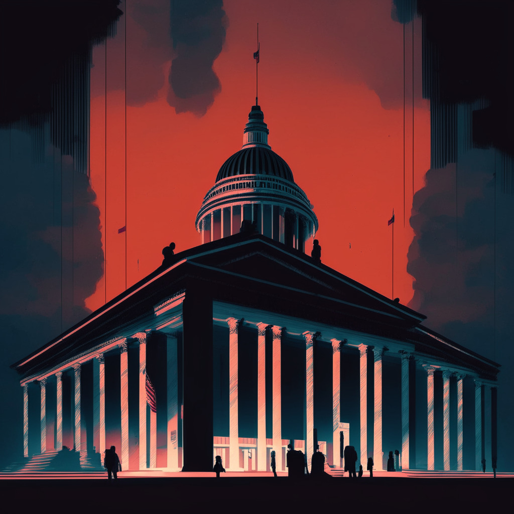 Twilight-lit government building, shadowy foreground, Senators debating with furrowed brows, digital currencies & traditional money in contrast, blockchain technology hovering, uncertain mood, tension in the air, American flag subtly present, abstract style, drama looming.