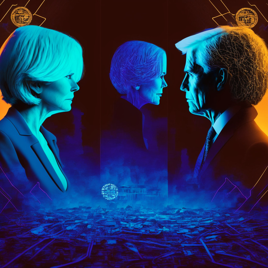 Cryptocurrency mining conflict, Senator Cynthia Lummis vs. Biden administration, digital innovation vs. energy concerns, dimly lit congressional background, opposing sides facing each other, tense atmosphere, blockchain elements, eco-friendly mining concept, captivating color contrast, moody tones.