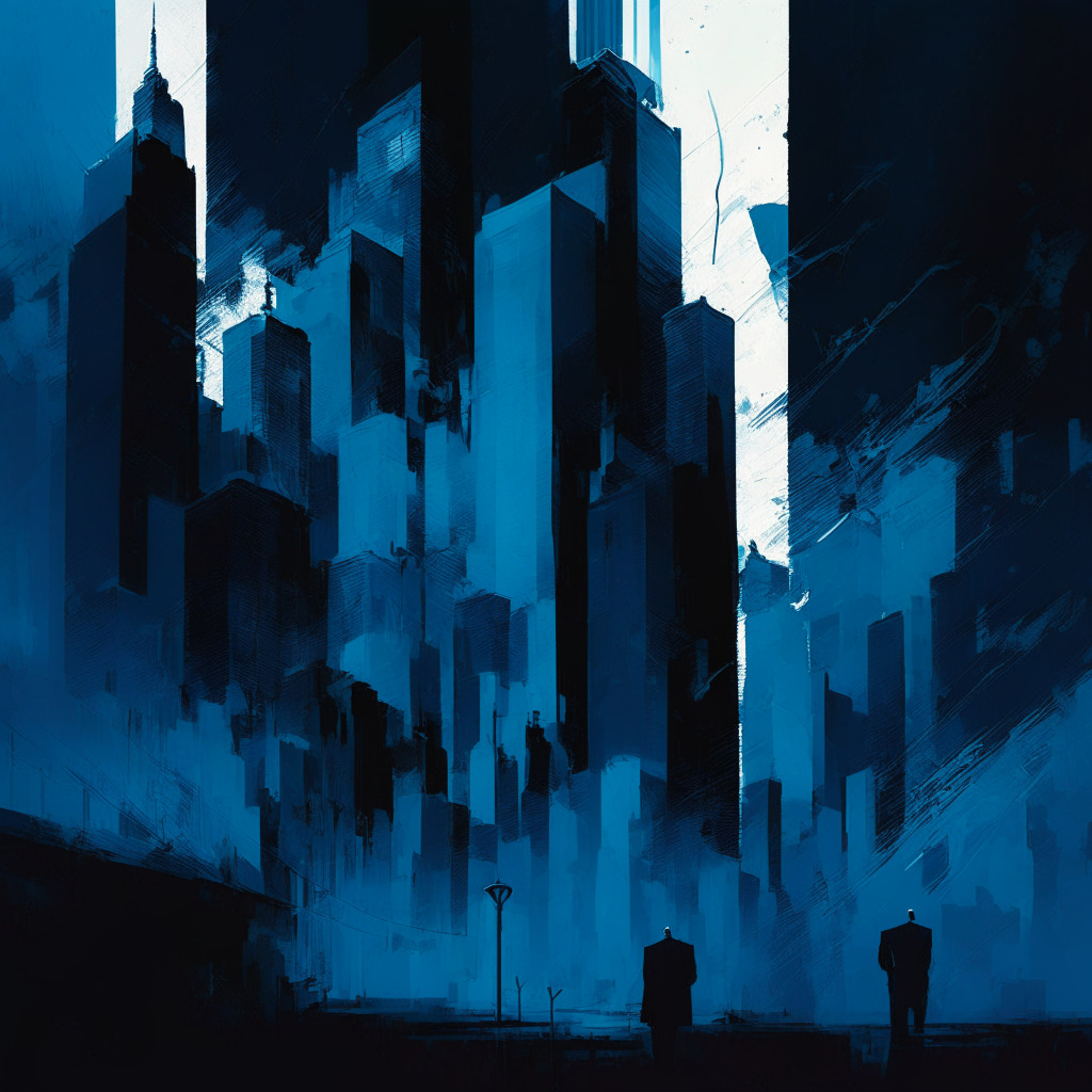 Intricate cityscape in shadows, looming skyscrapers, stormy skyline, uncertain regulatory atmosphere, struggling crypto market, bankruptcy papers scattered, a cracked trading screen, dark and moody atmosphere, cold blue palette, chiaroscuro lighting, bold brushstrokes, solemn faces of executives.