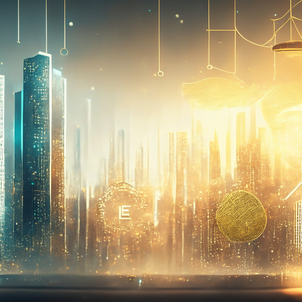 Misty cityscape with futuristic digital elements, warm golden light filtering through, Legal and financial texts hovering amidst the digital landscape, abstract representation of balance scales, Privacy and security symbols interwoven, complex technology mesh in background, serene yet cautiously optimistic mood. (297 characters)
