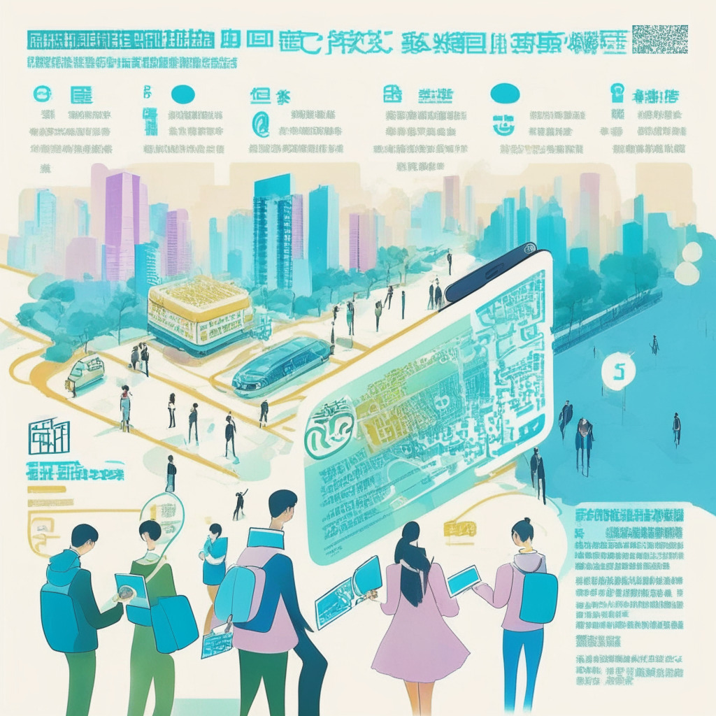 Digital yuan adoption in various sectors, coastal province Jiangsu incorporating CBDC in education, daylight city scene with futuristic schools and buses, soft pastel color palette, students and commuters using QR codes to pay, feeling of innovation and cautious optimism, weighing benefits and potential challenges.