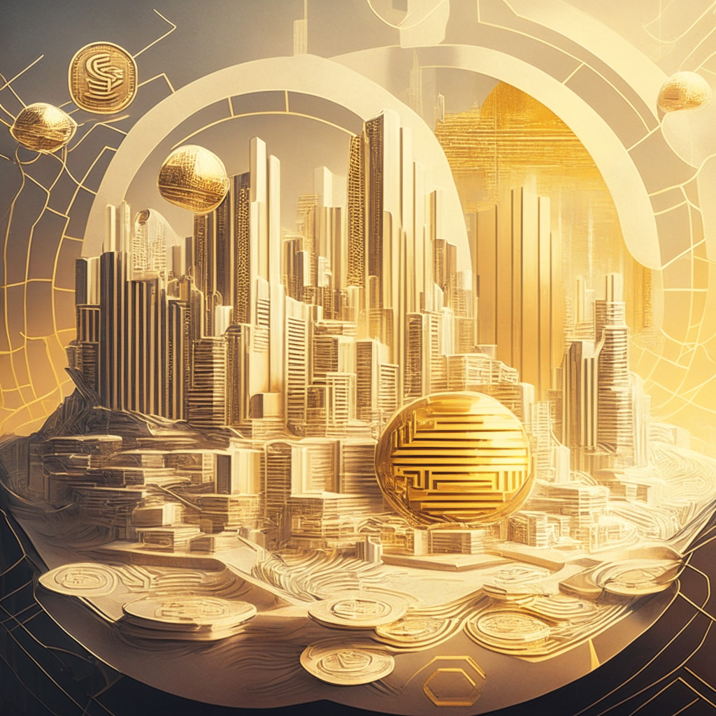 Futuristic financial landscape, digital yuan vs traditional cryptocurrencies, central bank collaboration, soft golden-hued light with cool undertones, intricate technological elements woven into a dynamic landscape, neutral atmosphere with a hint of skepticism, digital wallets, and national participatory incentives.