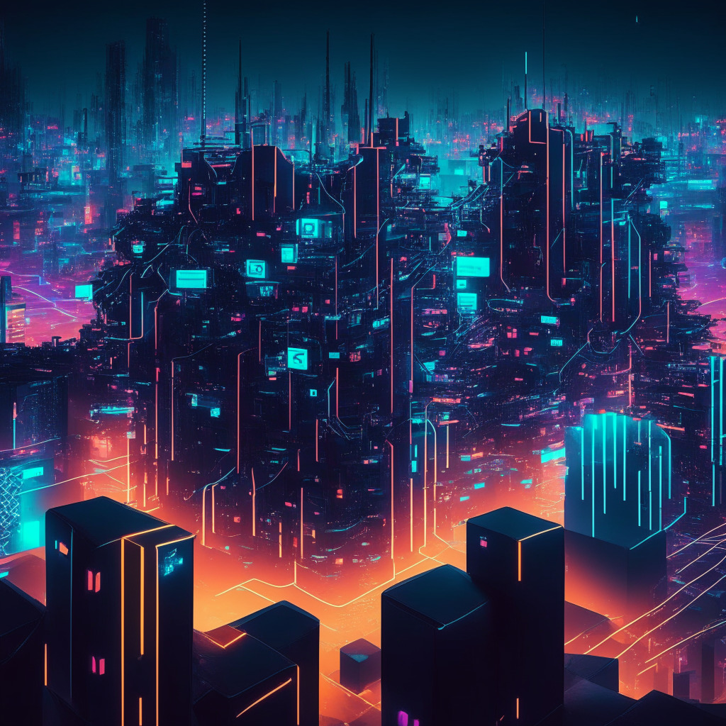 Futuristic Web3 city during twilight, illuminated by glowing neon lights, hint of cubism art style, focus on interconnected infrastructure, serene but determined mood, subtly symbolizing crypto market resilience, key elements: multi-chain, multi-currency, multi-platform applications, emphasis on importance of continued investment.