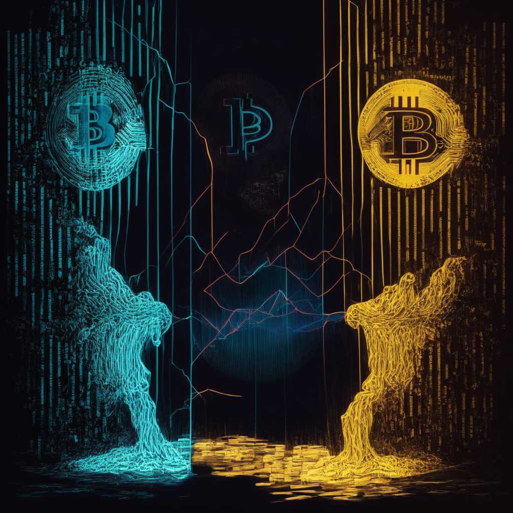 Diverging Bitcoin prices on two major exchanges, artistic interpretation of digital asset price gap, contrasting colors representing Binance.US and Coinbase, moody chiaroscuro lighting, lines signifying regulatory pressure, abstract figures symbolizing market makers, tense atmosphere reflecting uncertainty in the crypto community, intricate details of exchange platforms, somber artistic style.
